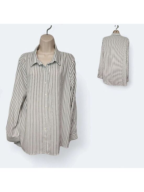Calvin Klein Collection Tops - Calvin Klein Striped Blouse Long Sleeve Lo-Hi Button-up Shirt White/Gray XL